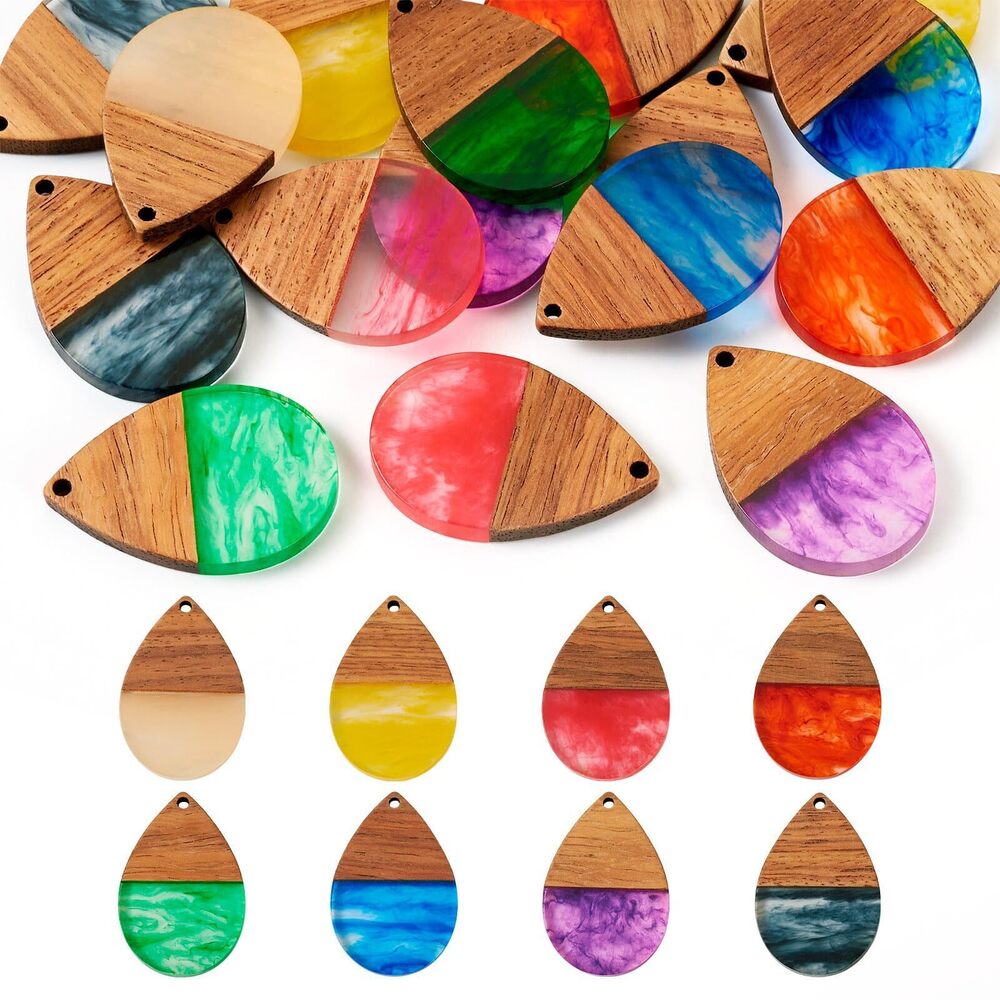 8268 16Pcs Resin Wood Teardrop Charms 8 Colors Water Drop Wood Earring
